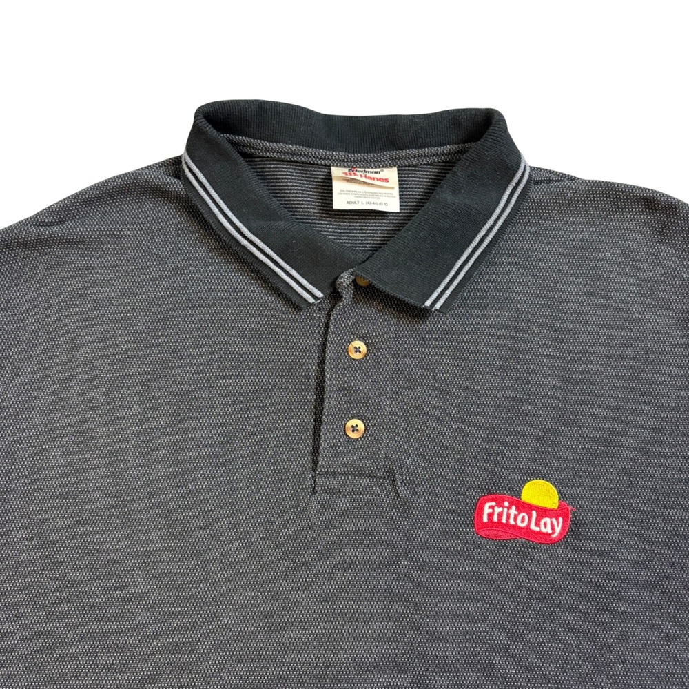 Vintage Hanes Men Embroidery Frito Lay Polo Shirt Gray Large Short Sleeve Pique